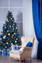 Christmas Room Interior Design, Xmas Tree Decorated By Lights, Presents, Gifts, Toys And Garland Lighting Royalty Free Stock Photo