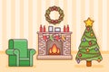 Christmas room interior with fireplace, tree, socks and armchair. Vector illustration. Royalty Free Stock Photo
