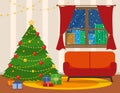 Christmas room interior. Christmas tree wih sofa. Flat style vector illustration. Royalty Free Stock Photo