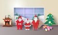 Christmas room interior with Santa clause,fir-tree,presents origami,and fireplace,vector illustration paper art 3D style Royalty Free Stock Photo