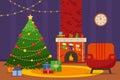 Christmas room interior. Christmas tree, armchair and fireplace with gifts, socks, Flat style vector illustration. Royalty Free Stock Photo