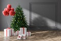 Christmas room interior, tree and gifts, gray Royalty Free Stock Photo