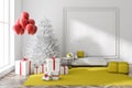 Christmas room interior, tree and gifts, white Royalty Free Stock Photo