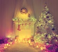 Christmas Room Interior, Xmas Tree Lights, Vintage Fireplace Royalty Free Stock Photo