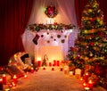 Christmas Room, Lighting Xmas Tree Fireplace Decoration Royalty Free Stock Photo