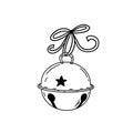 Christmas round bell on a white background. Black and white outline illustration of Christmas tree decoration with a ribbon. Royalty Free Stock Photo