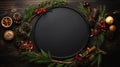 a Christmas round frame composed of classic winter elements with flat lay