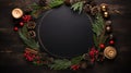 a Christmas round frame composed of classic winter elements with flat lay