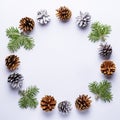 Christmas round frame with fir tree branches, painted pine cones, confetti on grey background, copy space Royalty Free Stock Photo