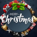 Christmas round frame with holly berry and gift box on dark blue background Royalty Free Stock Photo