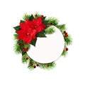 Christmas round frame with red poinsettia flowers, pine twigs an