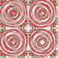 Christmas round gift wrap pattern. Contemporary holiday quilt with dotted tile. Multicolor yule wallpaper decorative