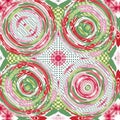 Christmas round gift wrap pattern. Contemporary holiday quilt with dotted tile. Multicolor yule wallpaper decorative