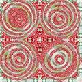 Christmas round gift wrap pattern. Contemporary holiday quilt with dotted tile. Multicolor yule wallpaper decorative