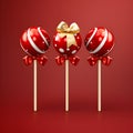 Christmas round lollipop candies on red background. Christmas lollipops background. Creative Christmas banner for ads, post card,