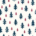 Christmas Rustic Festive Hand-Stamped Fir Trees Vector Seamless Pattern Royalty Free Stock Photo