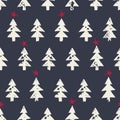 Christmas Rustic Festive Hand-Stamped Fir Trees and Stars Vector Seamless Pattern Royalty Free Stock Photo