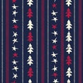 Christmas Rustic Festive Hand-Stamped Vector Seamless Pattern with Vertical Stripes of Stitches, Fir Trees and Stars