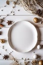 Christmas rustic table setting with baubles, top view, Copy space. Festive dinner. Royalty Free Stock Photo