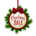 Christmas sale advertisement, realistic round banner with bow an Royalty Free Stock Photo