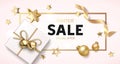 Christmas sale background with golden balls, star, ribbon and gift box. New year holiday decoration. Vector illustration Royalty Free Stock Photo