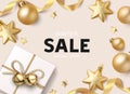 Christmas sale background with golden balls, star, ribbon and gift box. New year holiday decoration. Vector illustration Royalty Free Stock Photo