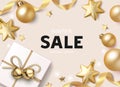 Christmas sale background with golden balls, star, ribbon and gift box. New year holiday decoration. Vector illustration Royalty Free Stock Photo