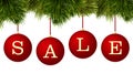Christmas sale banner advertisement - red baubles with pine branches Royalty Free Stock Photo