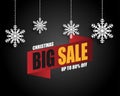 Christmas sale banner background with hanging snow flakes on black background in paper cut style. Vector illustration. Banner, Royalty Free Stock Photo