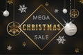 Christmas sale banner. Background Xmas design of sparkling lights with white and golden snowflakes and glitter balls