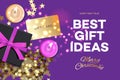 Christmas Sale banner. Best gift ideas. Black present box, pink candle, golden gift card on purple background. Vector