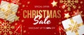 Christmas sale banner with christmas elements on red background.
