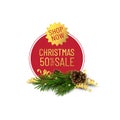 Christmas Sale banner with cone,pine, gold ribbons. Offer tage