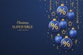 Christmas sale banner design. Golden 3D Percentage symbol in a transparent glass ball. Blue background with hanging gold stars, Royalty Free Stock Photo