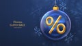 Christmas sale banner design. Golden 3D Percentage symbol in a transparent glass ball. Blue background with shining ice showflakes Royalty Free Stock Photo