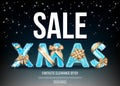 Christmas sale banner with golden and blue letters, gift bow Royalty Free Stock Photo