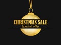 Christmas sale banner with golden christmas ball on black background. Gold gradient. Greeting card design template. Vector Royalty Free Stock Photo