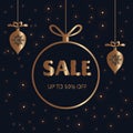 Christmas sale banner, poster, price tag. Vector illustration with golden xmas balls, snowflakes and text on isolated black