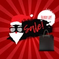 Christmas Sale Banner for Promotion with shopping bags and santa in glasses on red Background. Vector Illustration Royalty Free Stock Photo