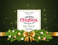 Christmas sale banner. Realistic fir-tree branches with balls and red bowl. Vector illustration for winter holiday Royalty Free Stock Photo
