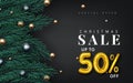 Christmas sale banner. Realistic fir-tree branches with berries and balls. Vector illustration for winter holiday discount. Vector Royalty Free Stock Photo