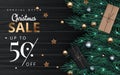 Christmas sale banner. Realistic fir-tree branches with berries and balls. Vector illustration for winter holiday discount. Vector Royalty Free Stock Photo