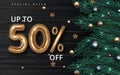 Christmas sale banner. Realistic fir-tree branches with berries and balls. Vector illustration for winter holiday discount. Vector Royalty Free Stock Photo