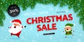 Christmas sale, banner with Santa Claus, elf, snow, christmas tree, Vector llustration Royalty Free Stock Photo