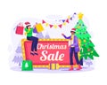 Christmas Sale Banner and Shopping concept Illustration with Happy people doing shopping at Christmas Sale. Vector illustration