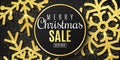 Christmas sale banner. Snowflakes of gold glitters on a black background. Happy New Year and Merry Christmas. Vector