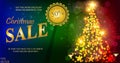 Christmas sale banner, sparkling lights bokeh with Christmas fir and golden stars. Christmas posters, cards, headers website.