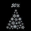 Christmas sale banner. Special offer, discount type text, 50 off. Xmas lights, star, snowflake tree, garland string