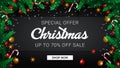 Christmas Sale banner with special offer 70 percent off. Abstract black vector background with green fir tree branches Royalty Free Stock Photo