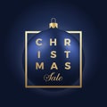 Christmas Sale Banner or Sticker. Blue Ball on Classy Dark Background with Golden Modern Typography